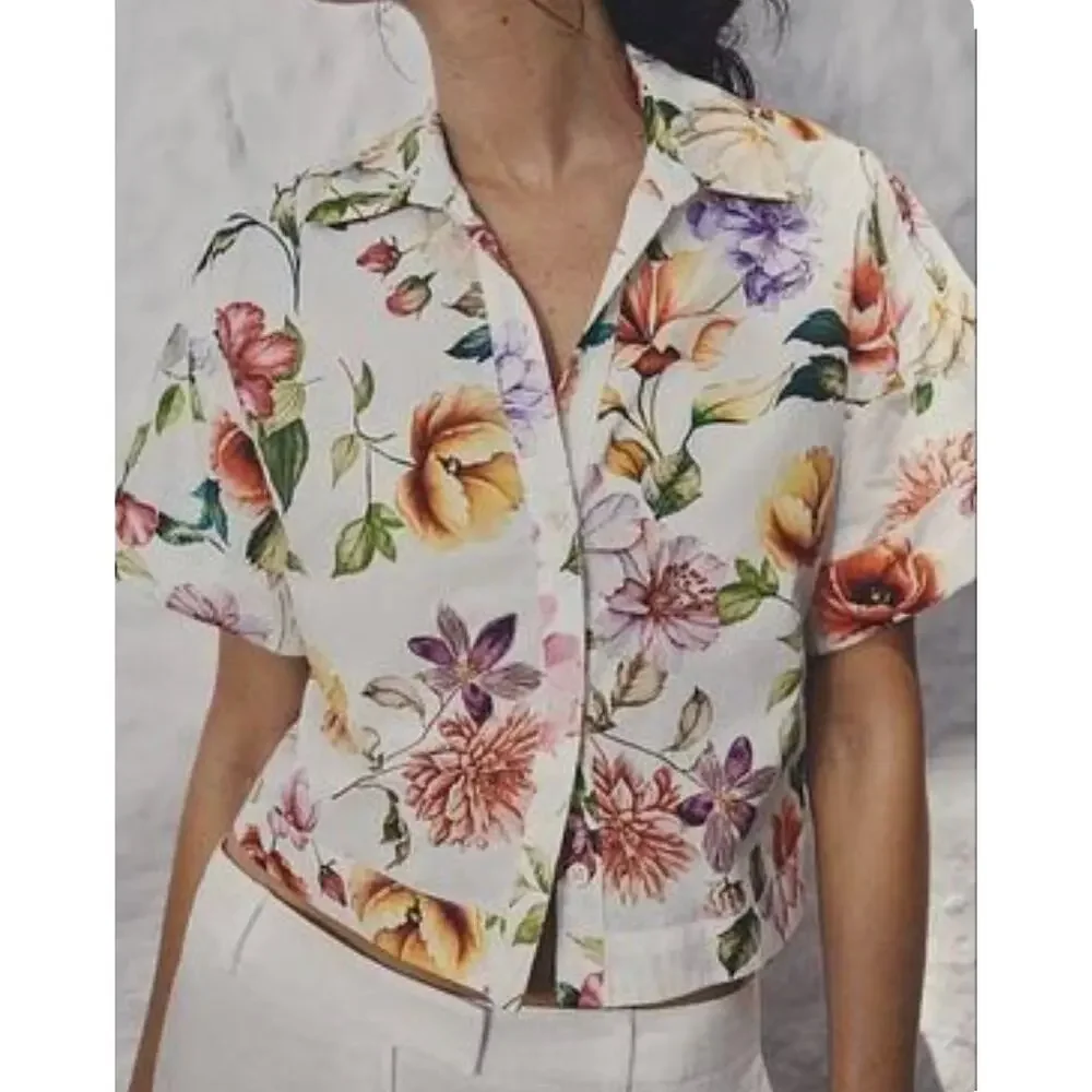 NWT Zara floral-print cropped boxy oversized short sleeves white shirt sz. XS - Picture 1 of 9